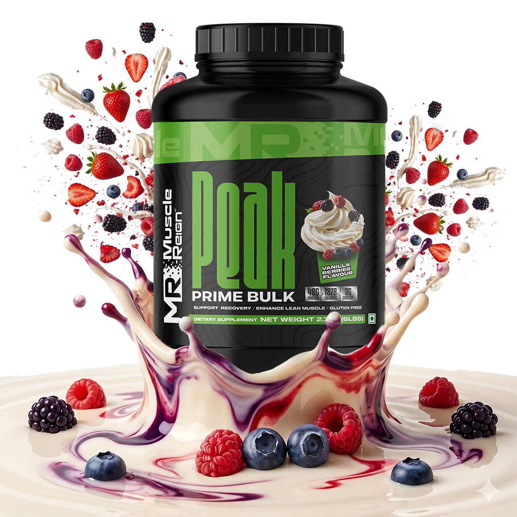 Muscle Reign Prime Bulk supplement in a black container surrounded by vibrant fruits and a splash of cream